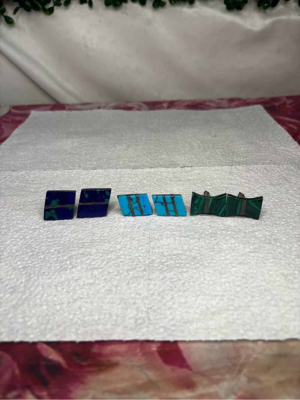 Vintage 925 Sterling Mexico stone cuff links lot of 3